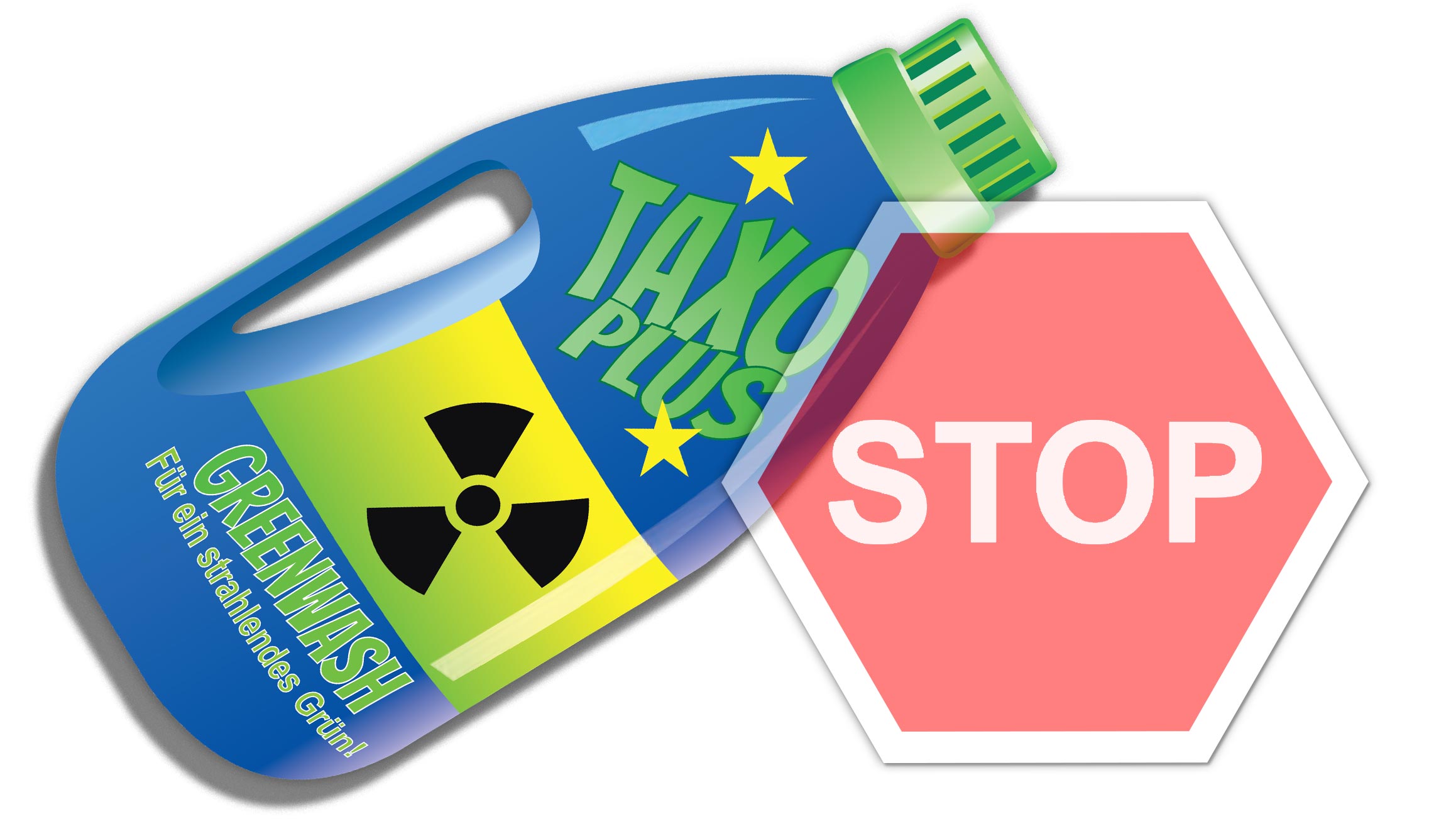 Grafik: Waschmittel-Flasche mit Radioaktiv-Zeichen und Aufdruck "Taxo Plus - Greenwash" + Stop-Schild