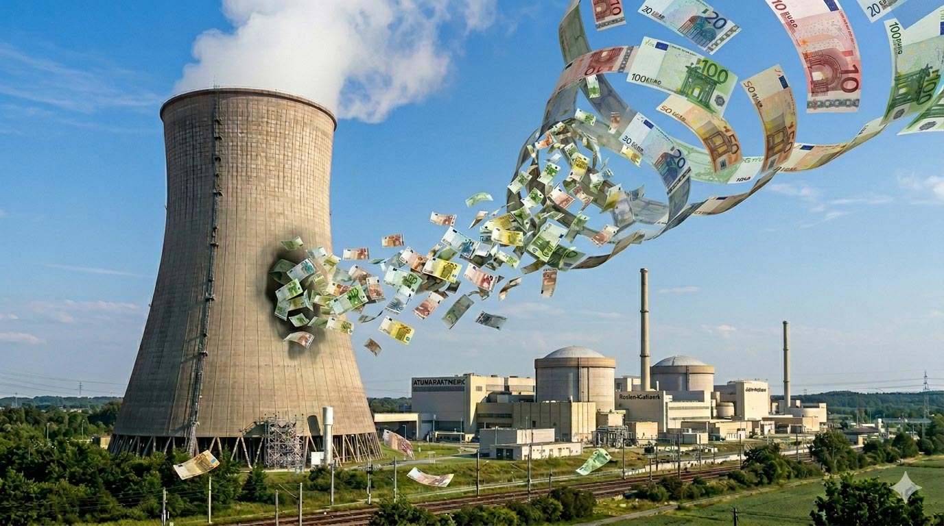 AKW-Anlage, Euro-Geldscheine fliegen über den Himmel und werden seitlich in Kühlturm klaffenden Loch eingesaugt