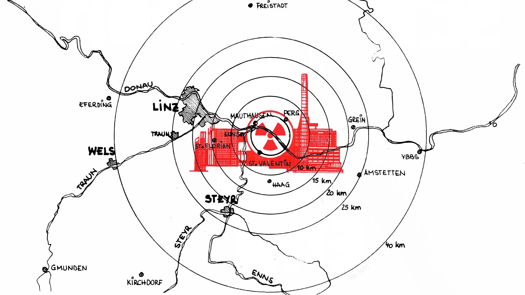 Handgezeichnete Karte: das geplante AKW St. Pantaleon mit den unmittelbar betroffenen Städten und Gemeinden