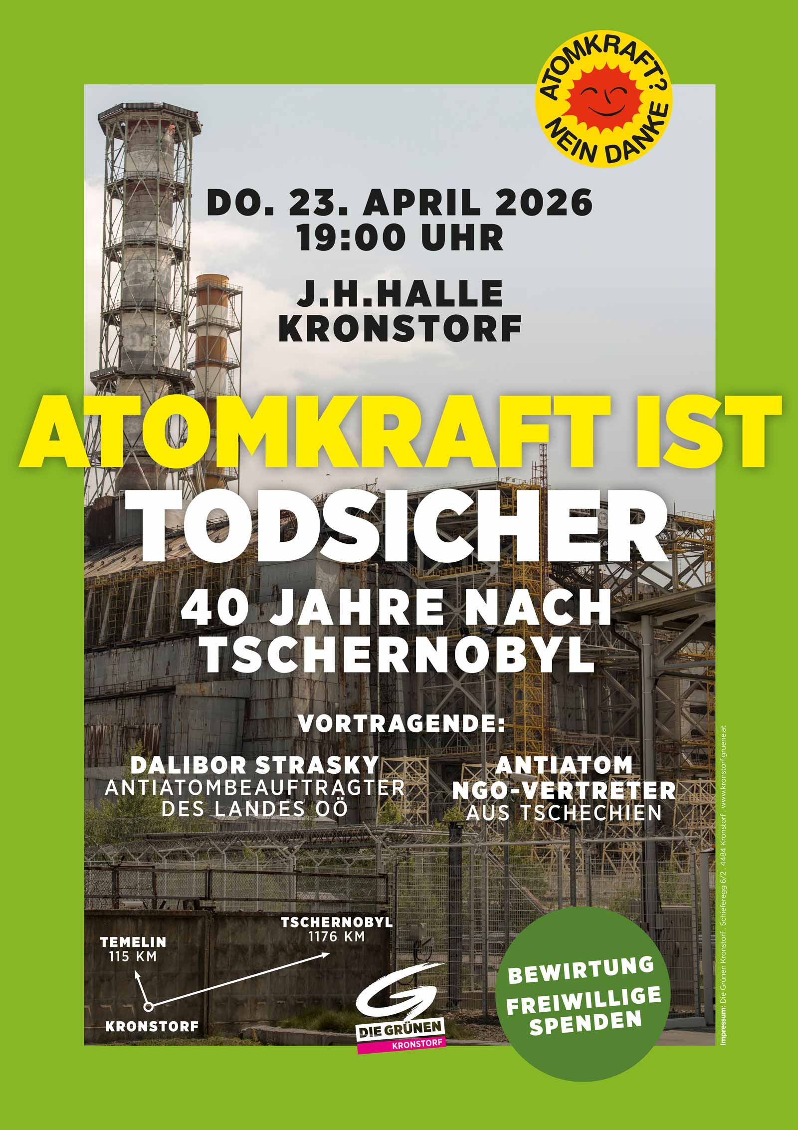 Veranstaltungsplakat "Atomkraft ist todsicher - 40 Jahre nach Tschernobyl: 23.4.26 19:00, J. H. Halle Kronstorf"