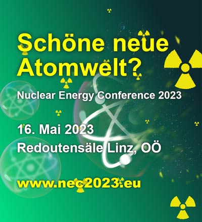 Banner Nuclear Energy Conference 2023: Schöne neue Atomwelt? 16. Mai 2023 in Linz, Grafik: Seifenblasen mit Atomzeichen zerplatzen - radioaktiv